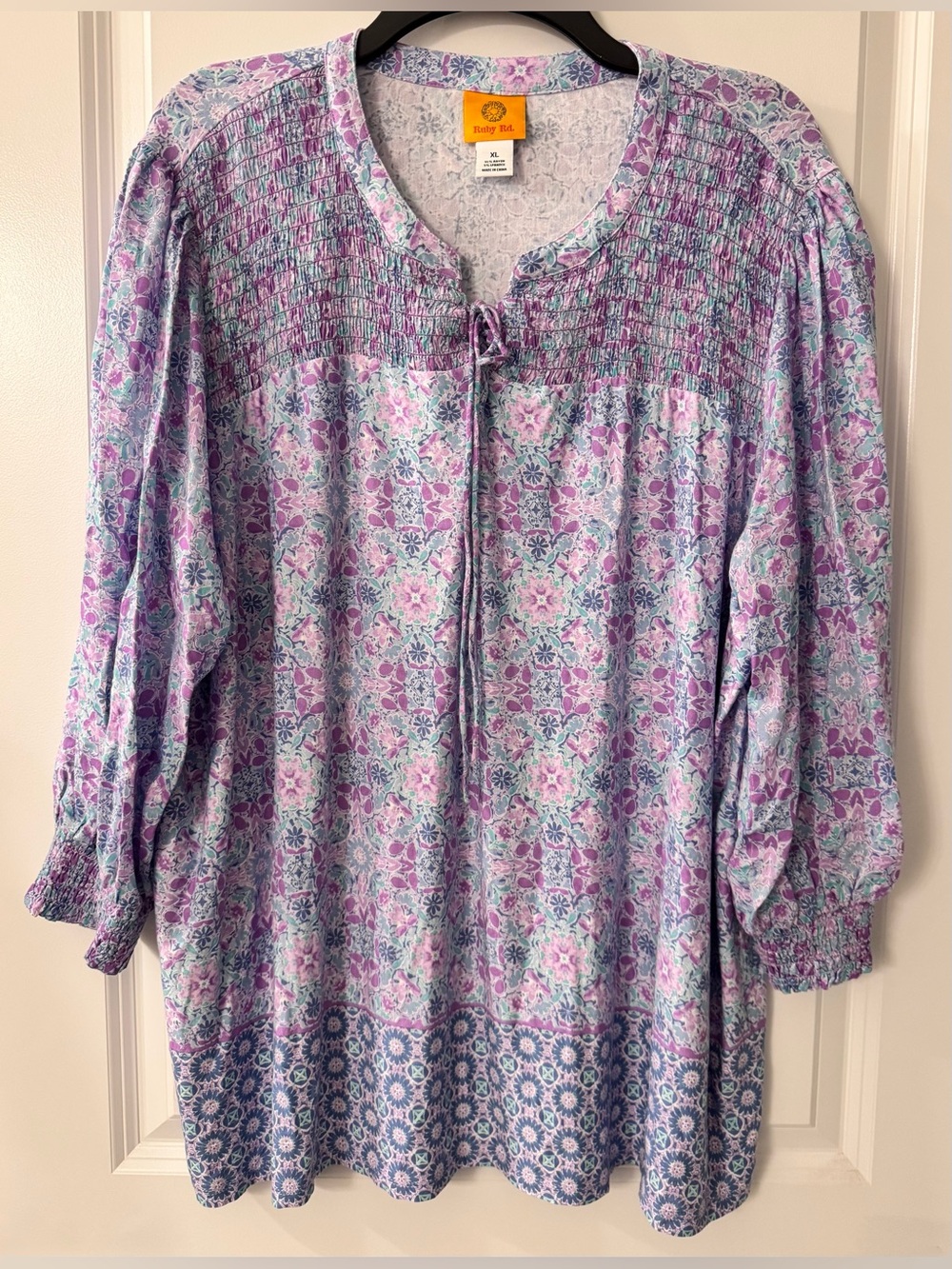 #6080 - Ruby Rd. Purple & Blue Floral Smocked Swing Tunic Peasant Blouse